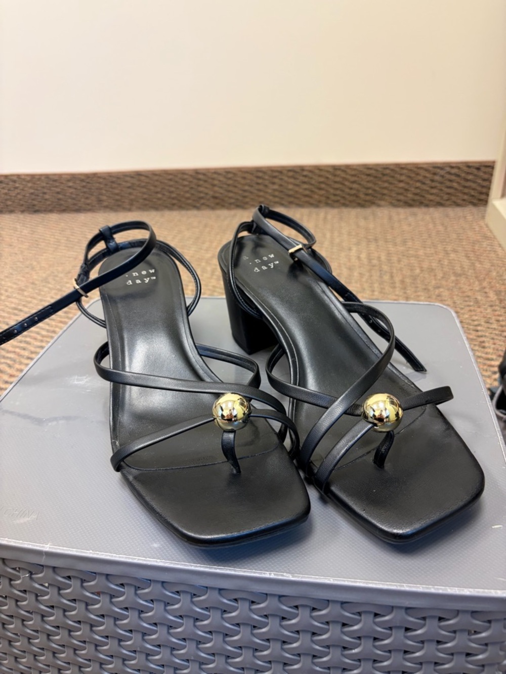 a new day Black Strappy Block Heel Sandals with Gold Orb Detail
